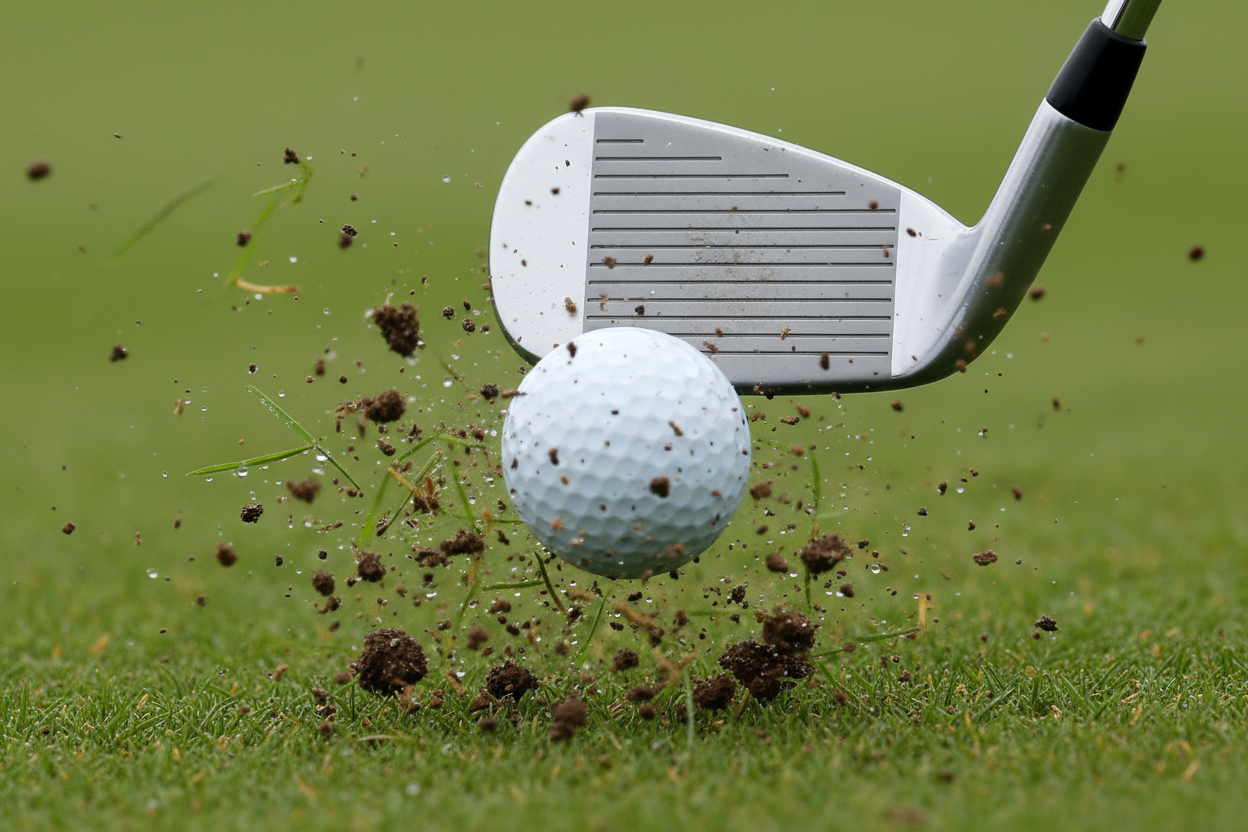 close up of golf iron shot right after impact