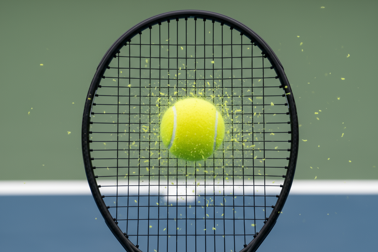 make racquet a little more round and show a bit more of it with yellow ball fuzz flying